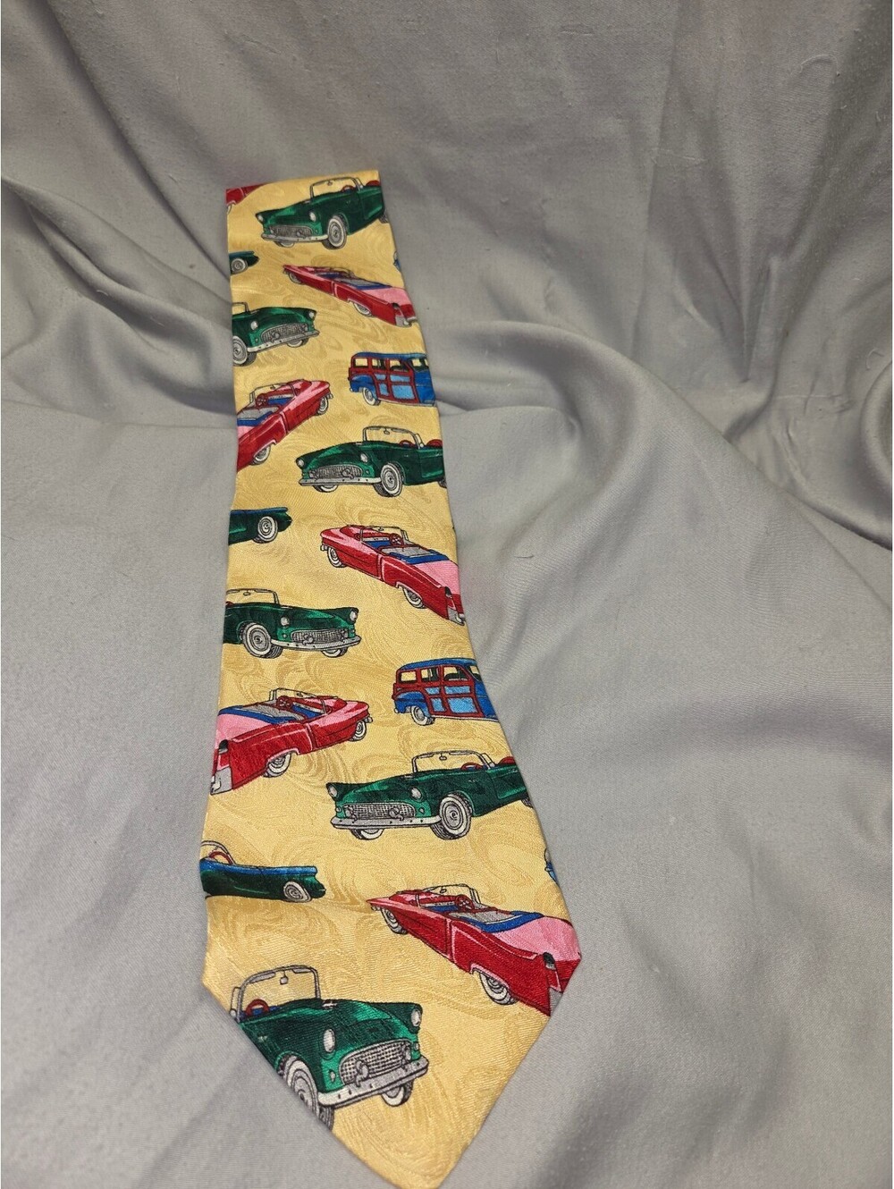 Paul Fredrick Men's Classic Tie with Vintage Car Print on Yellow Background